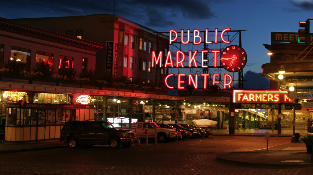 Pike Place Market at Dusk in Seattle, WA. Photo by Michael Righi via Flickr CC