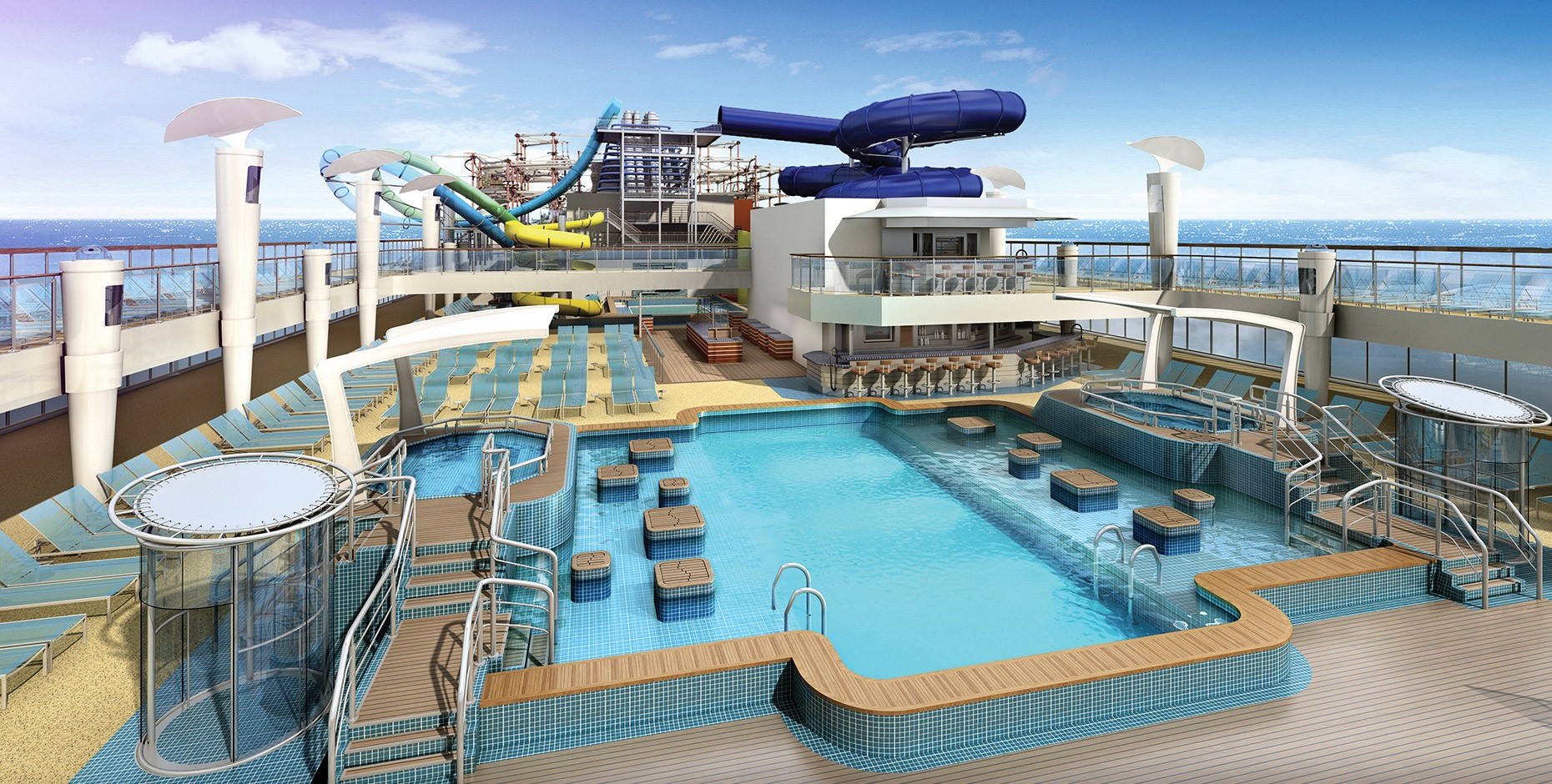Aqua park and main pool area, as per the brochure. Norwegian Cruise Line. Norwegian Escape. Photo credit: Norwegian Escape