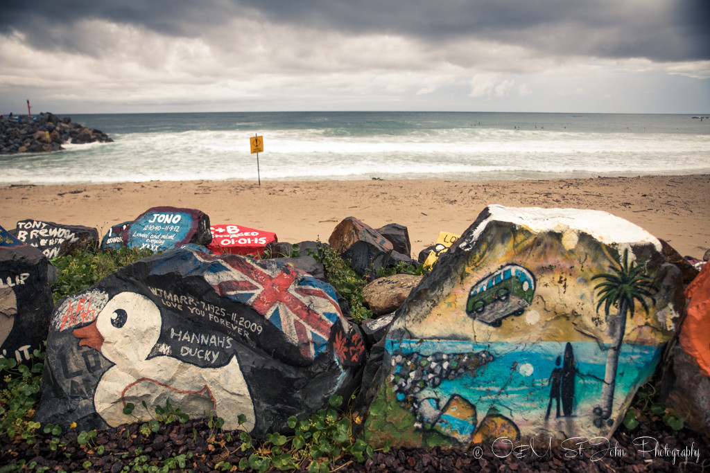 Rock paintings at breakwall, Port Macquarie, NSW
