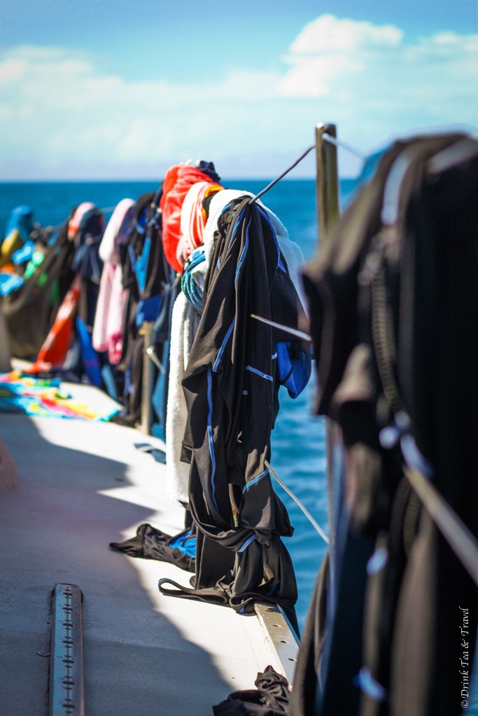 Wet suits drying in the sun after a long day . Sailing Whitsundays. Australia