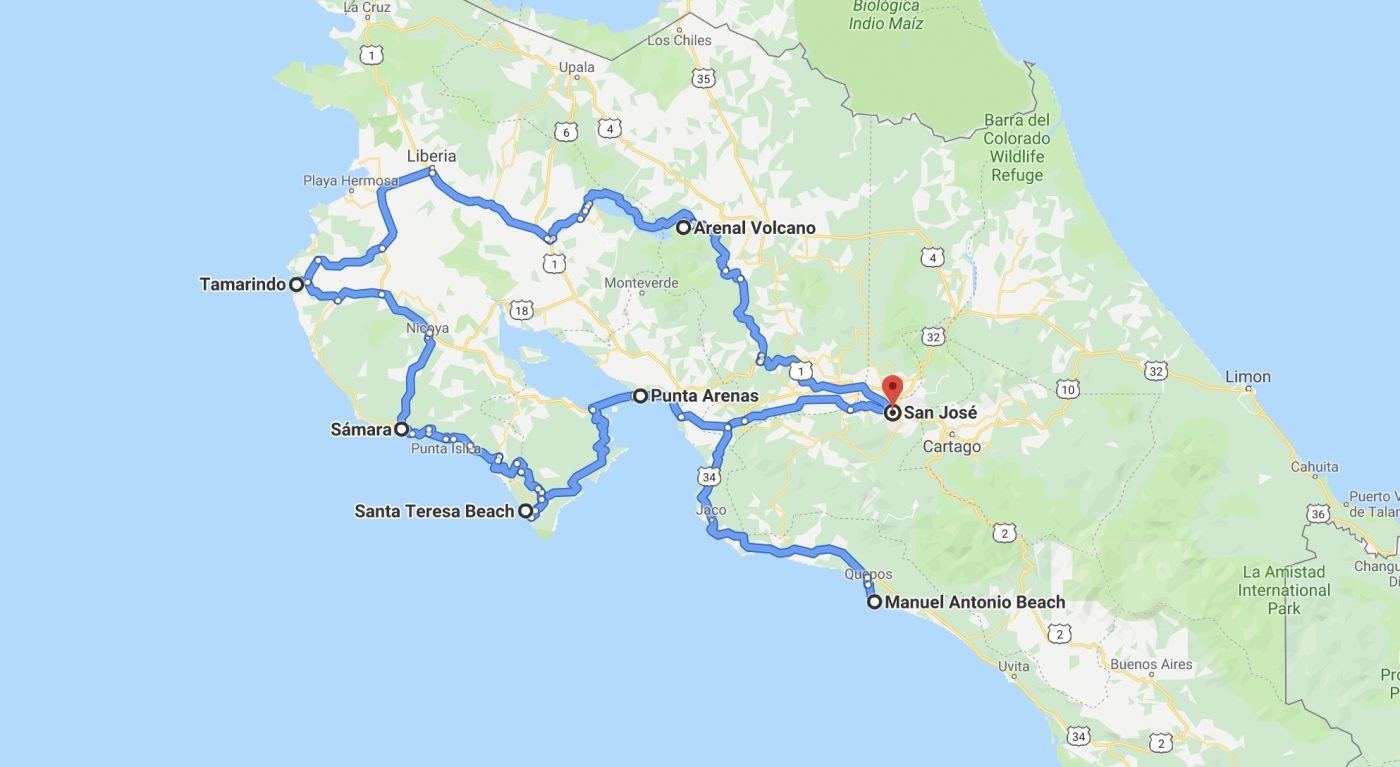 Backpacking in Costa Rica map