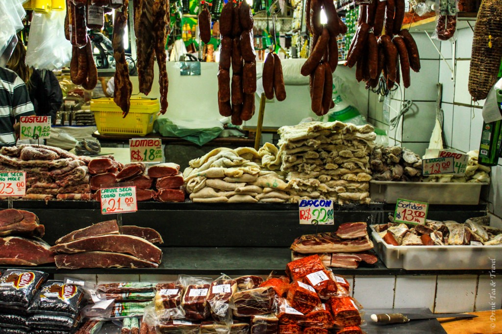 Meat at the Saõ Paulo Central Market: Bacon 22 Real = $10, dried meat 21 Real = $9