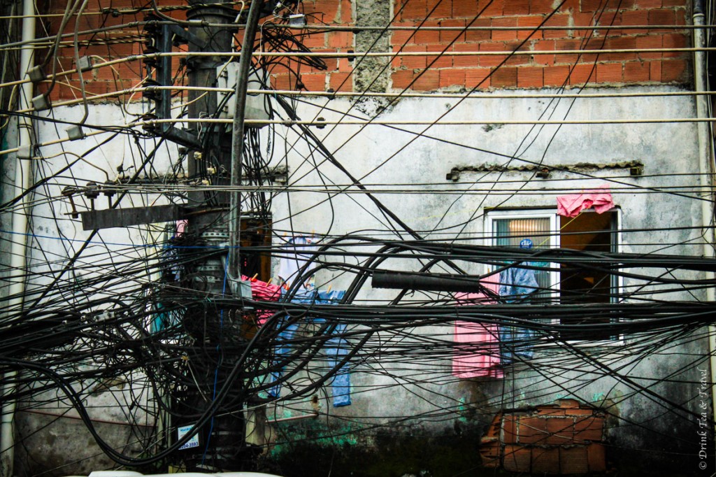 Electric wires hang on the streets of Rocinha, largest favela in Rio de Janeiro
