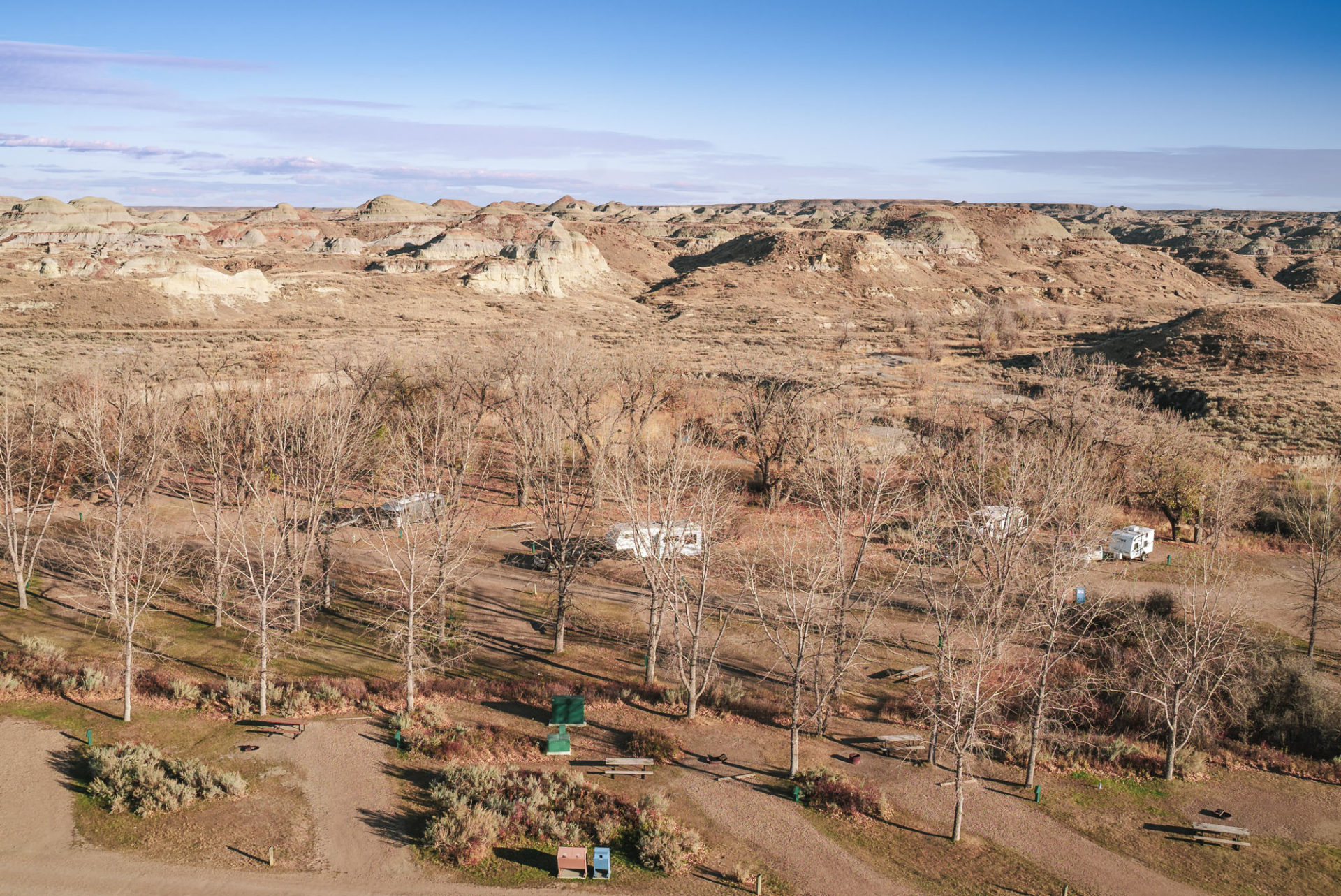 Campground at Dinosaur Provincial Park from one of the trails