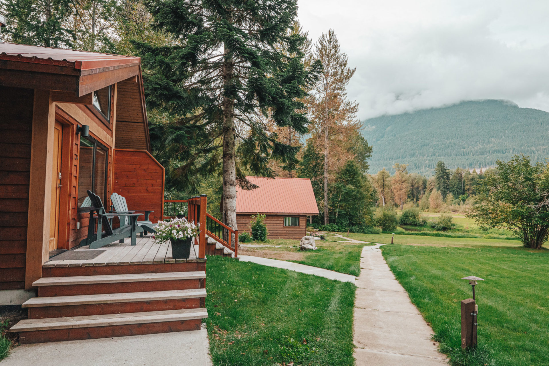 Outside the chalet at Tweedsmuir Park Lodge