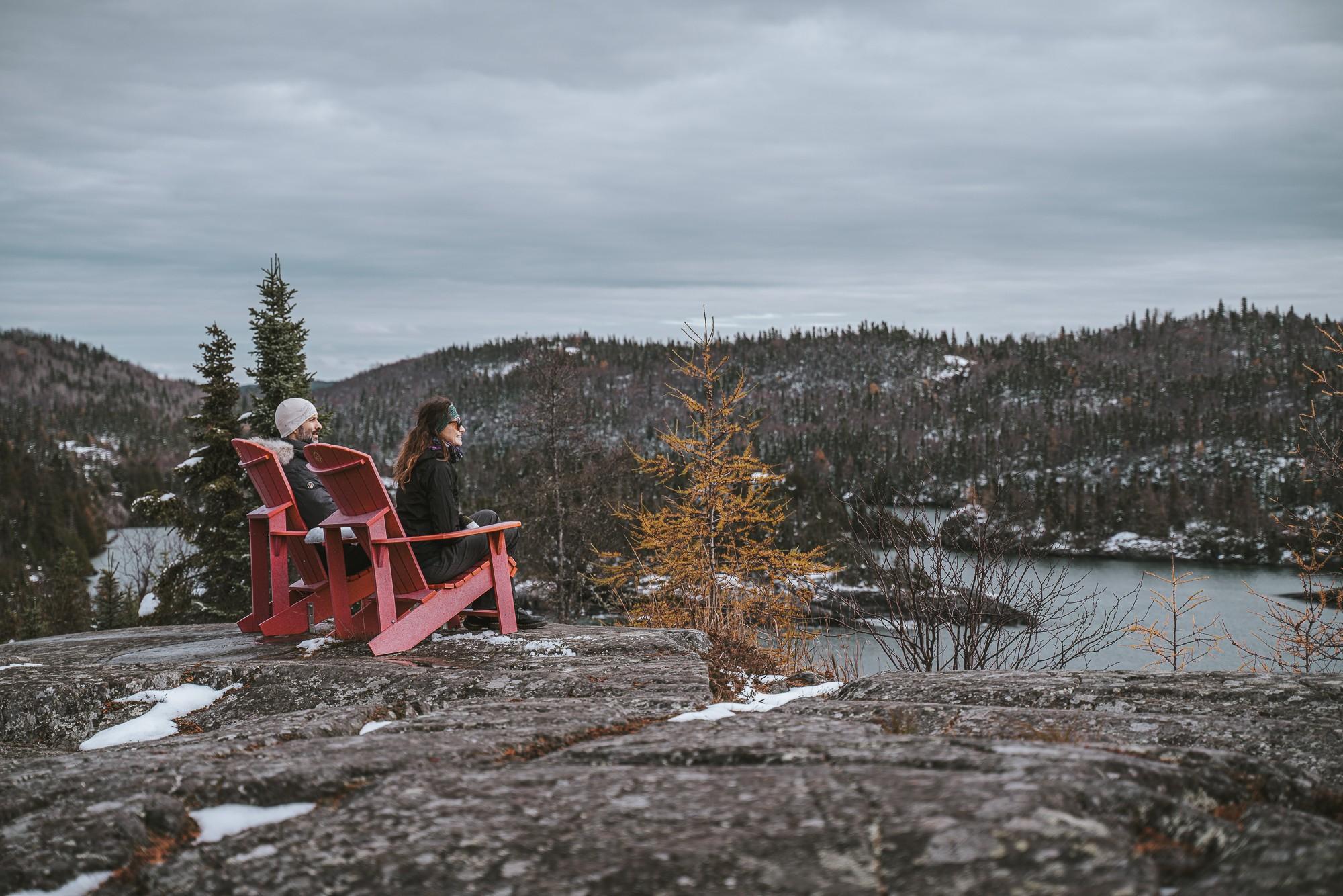 Red chairs on the Southern Headland Trail in Pukaskwa National Park