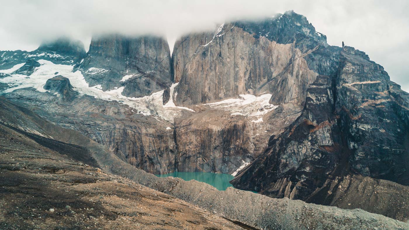 Torres del Paine W Trek View of the Towers coverd in cloud from the top of Cerro Paine