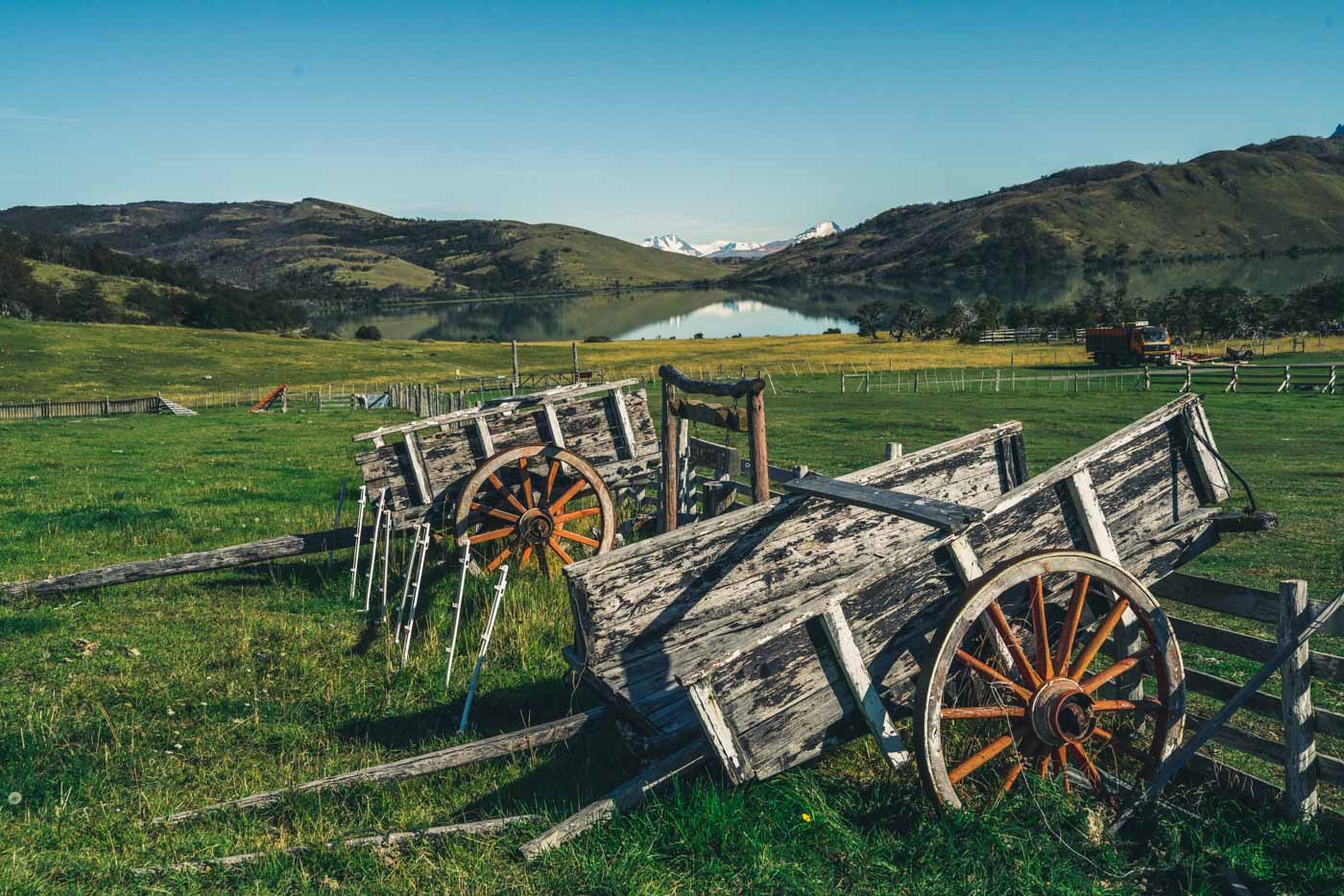 Wooden horse carriages sit unused at Estancia Lazo, Patagonia, Chile