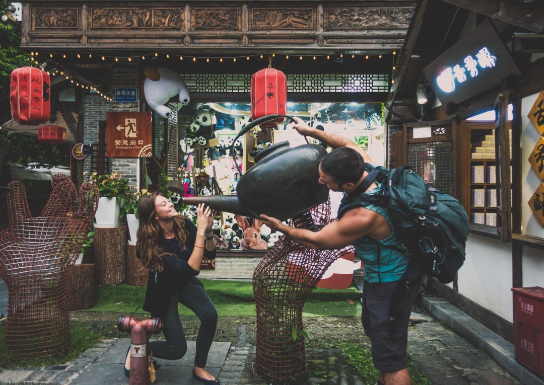 Oksana & Max drinking tea in Chengdu, China