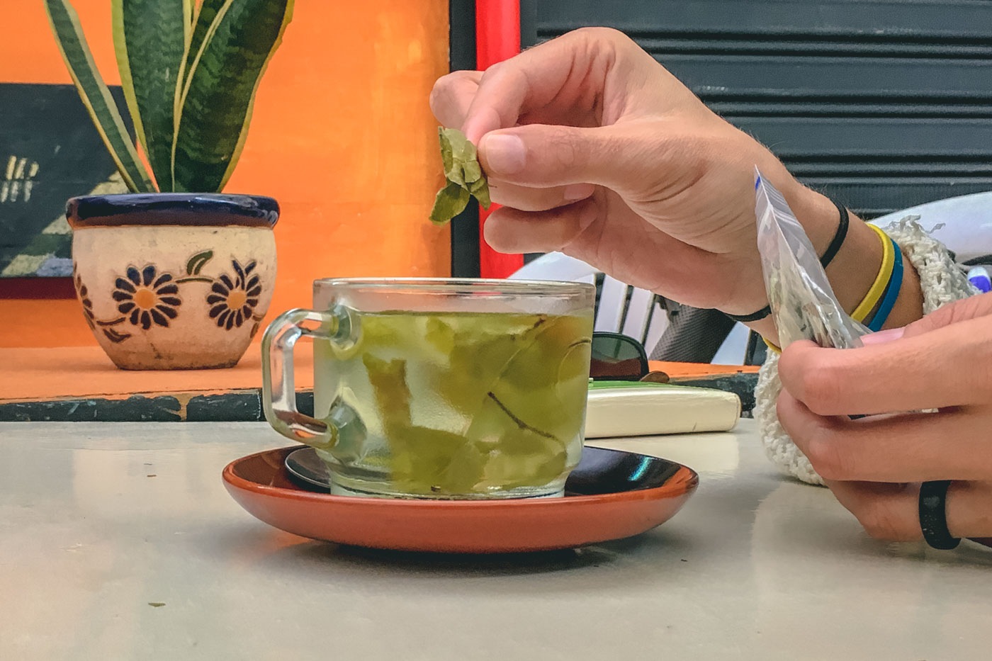 Brewed coca tea in Bogota, Colombia