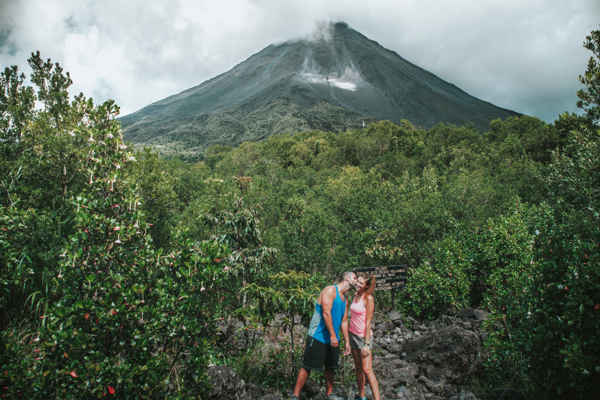 Beautiful views of Arenal Volcano from the trail in Arenal Volcano National Park, La Fortuna, Costa Rica