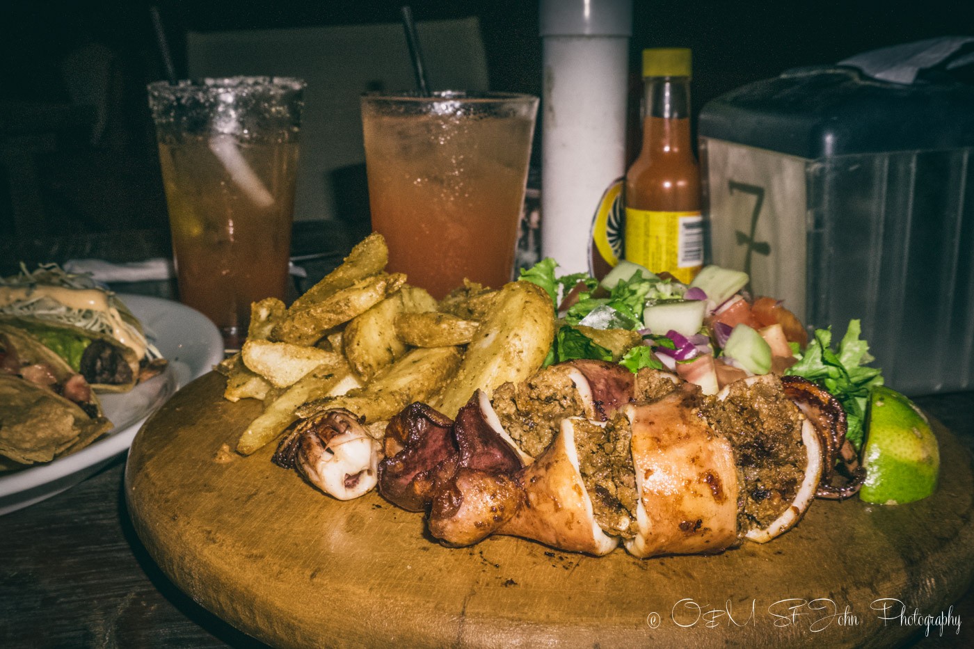 Calamari stuffed with chorriso at Lo Que Hay Restaurant in Samara. Costa Rica