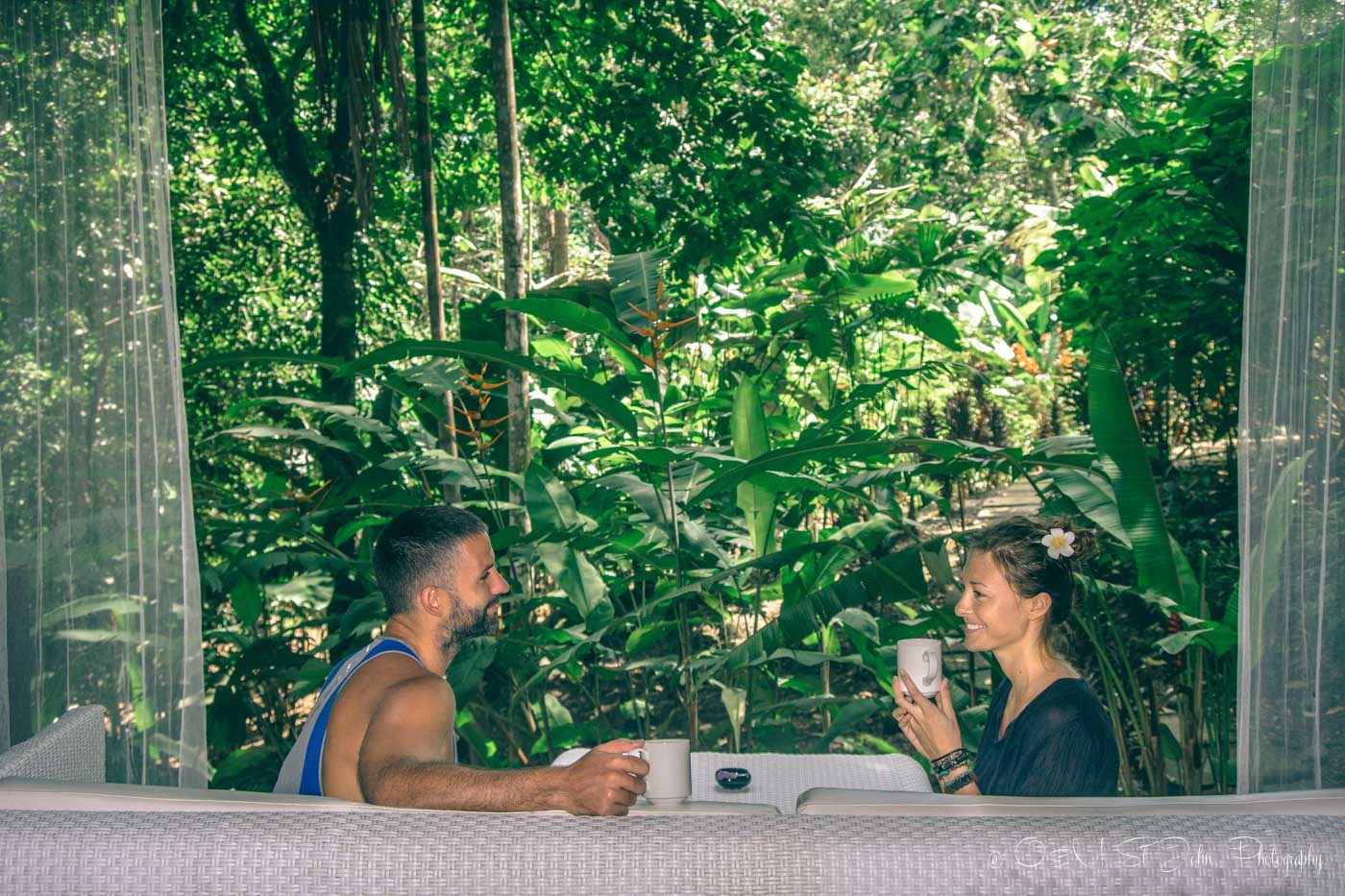 Max & Oksana enjoying jungle views with morning tea. Oxygen Jungle Villas, Uvita