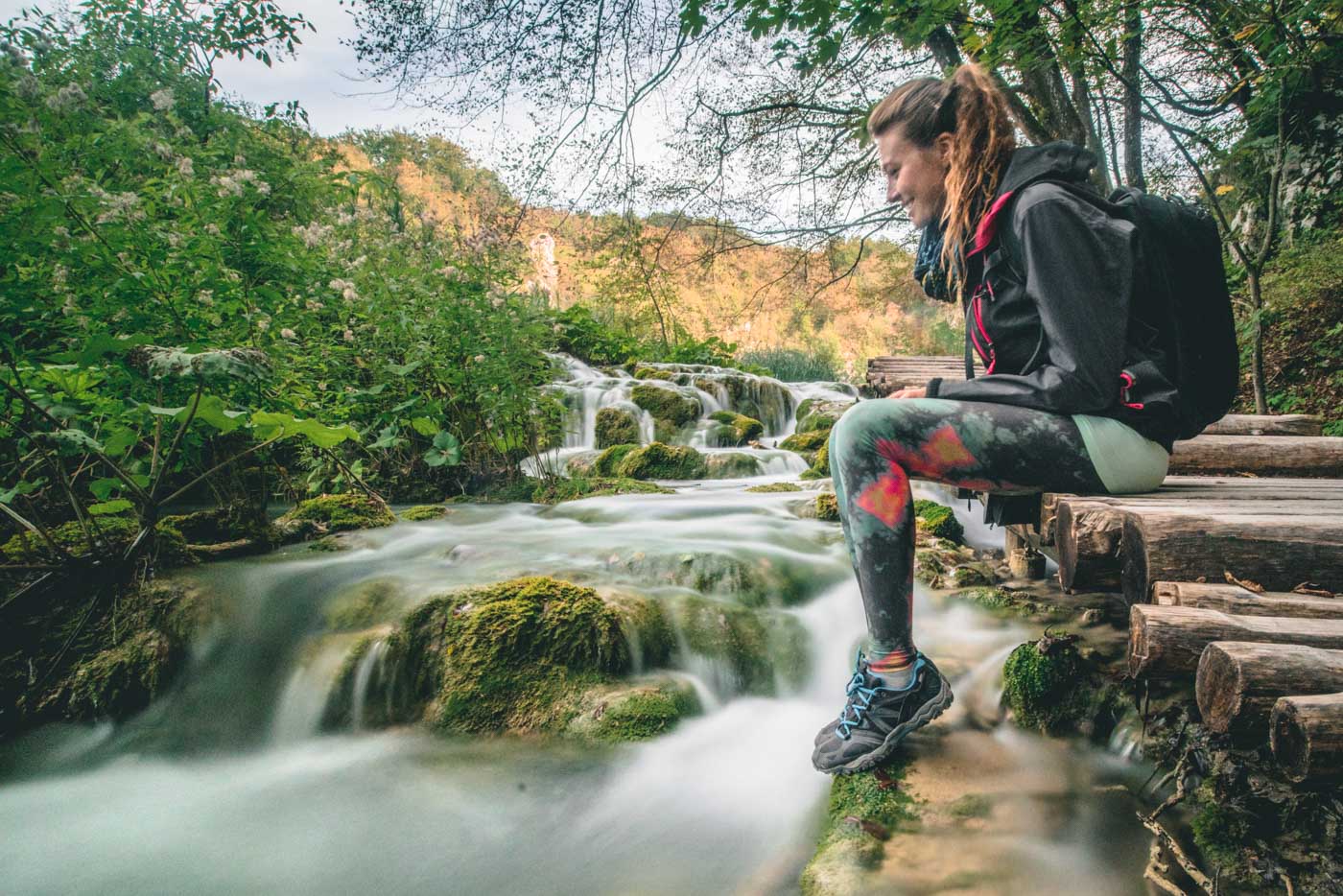 Oksana wearing Teeki hot pants on a hike in Plitvice National Park in Croatia