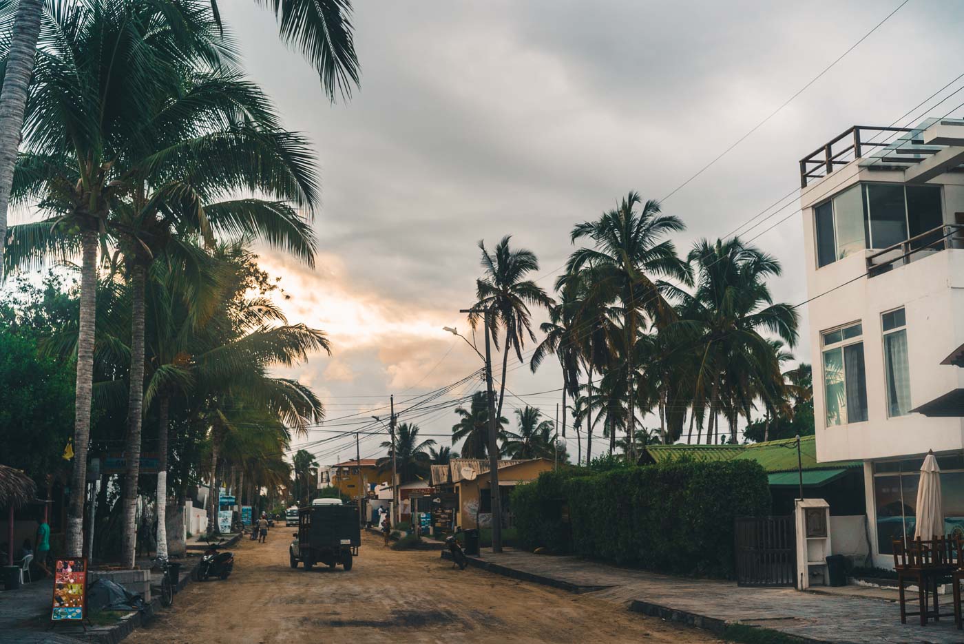 A quiet street on Isabela Island at sunset