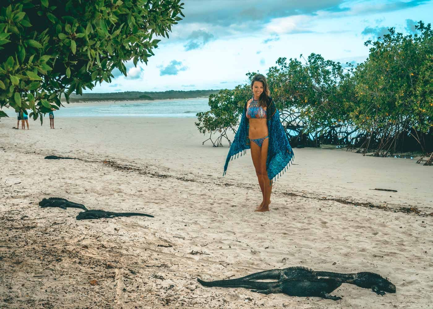 Oksana wearing Eco Peace Indio bathing suit on Santa Cruz Island in the Galapagos, galapagos packing list