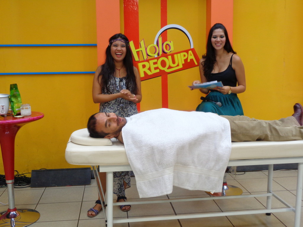 TV show in Arequipa, Peru. We did 3 guestings demonstrating Ayurveda Massage Therapy. Photo courtesy of Two Monkeys Travel