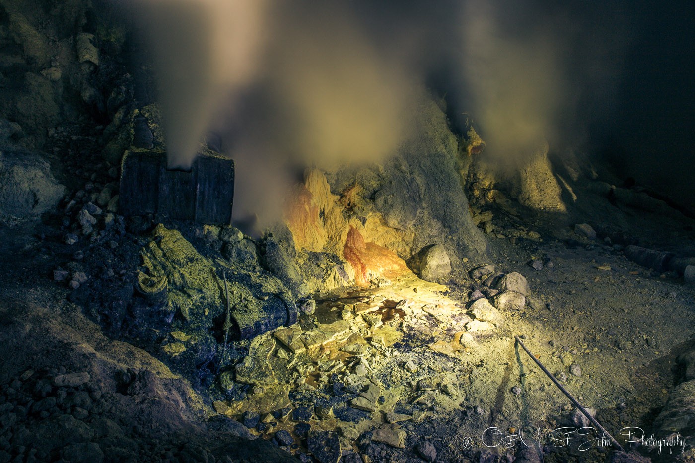 Sulfur fumes at the heart of Ijen Crater, East Java. Indonesia