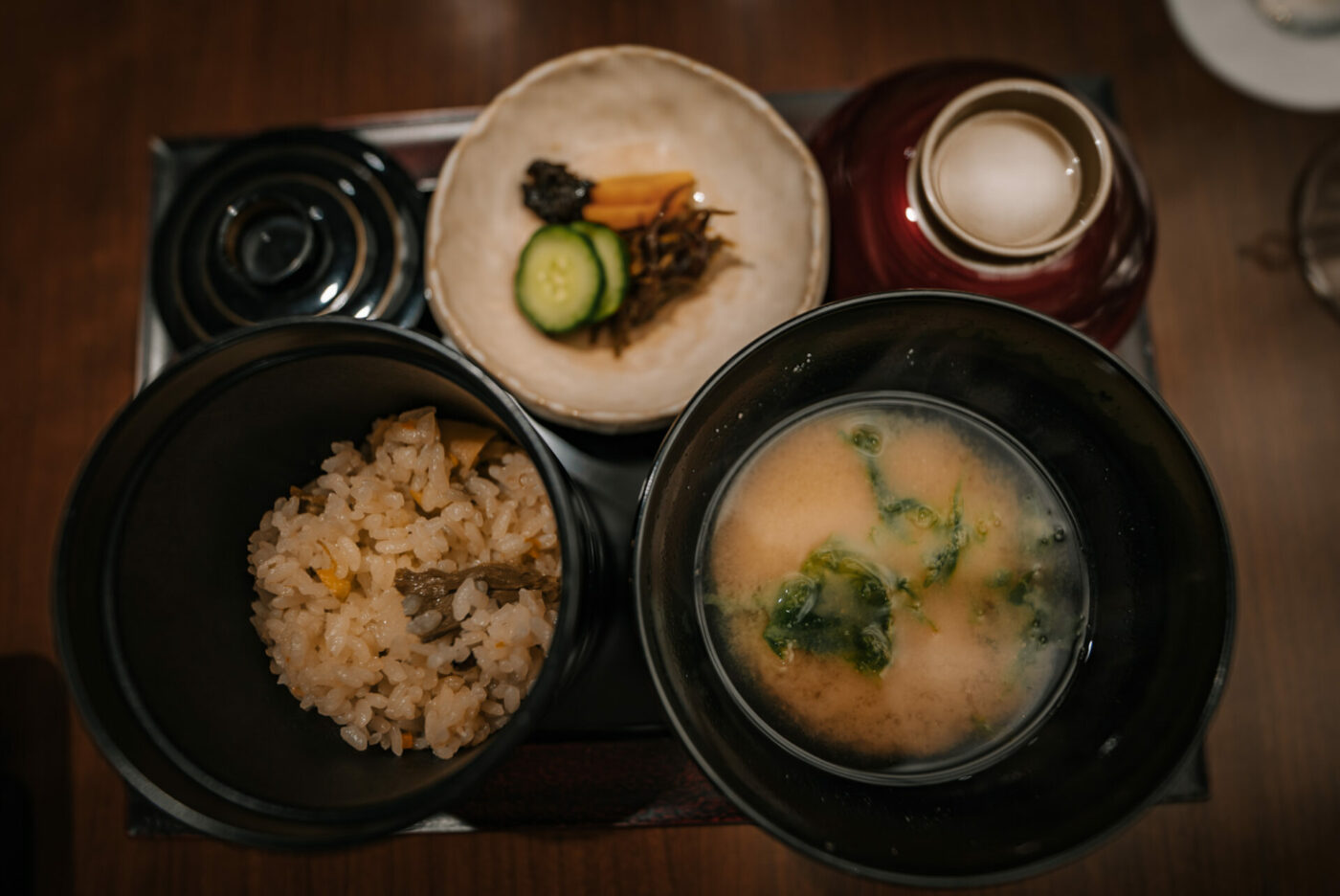 Miso soup bowl on the right.
