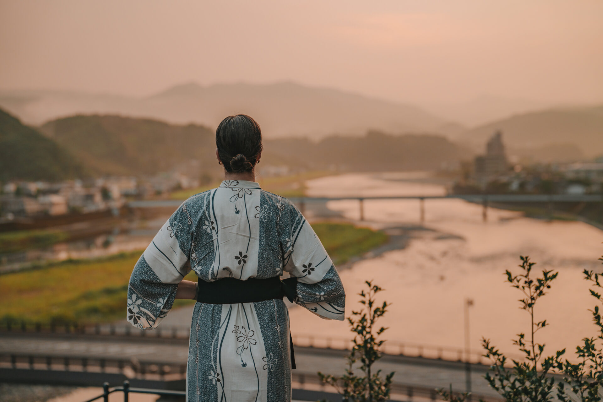 Sunset on the terrace at Ayu-no-Sato. Kuma Valley, Kumamoto, Kyushu