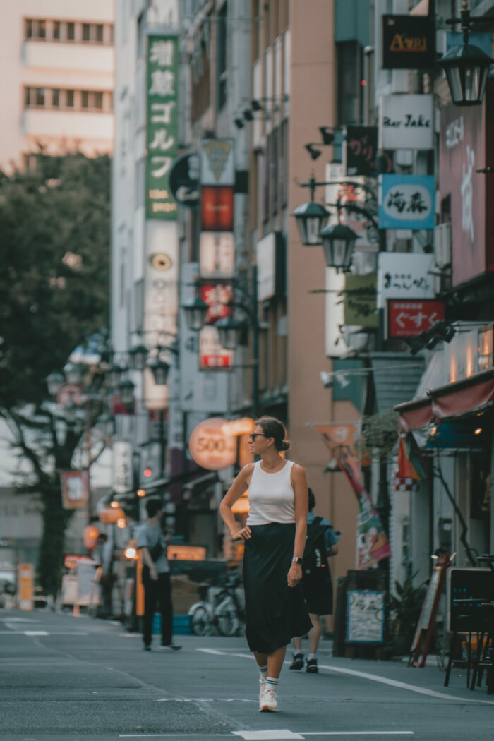 Oksana walking at the streets of Tokyo