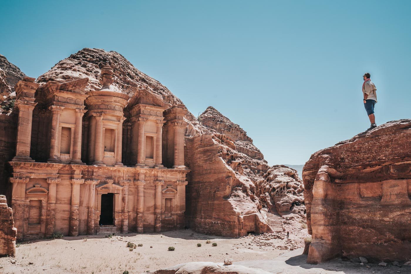 Visiting Petra: Max admiring the Monastery in Petra, Jordan