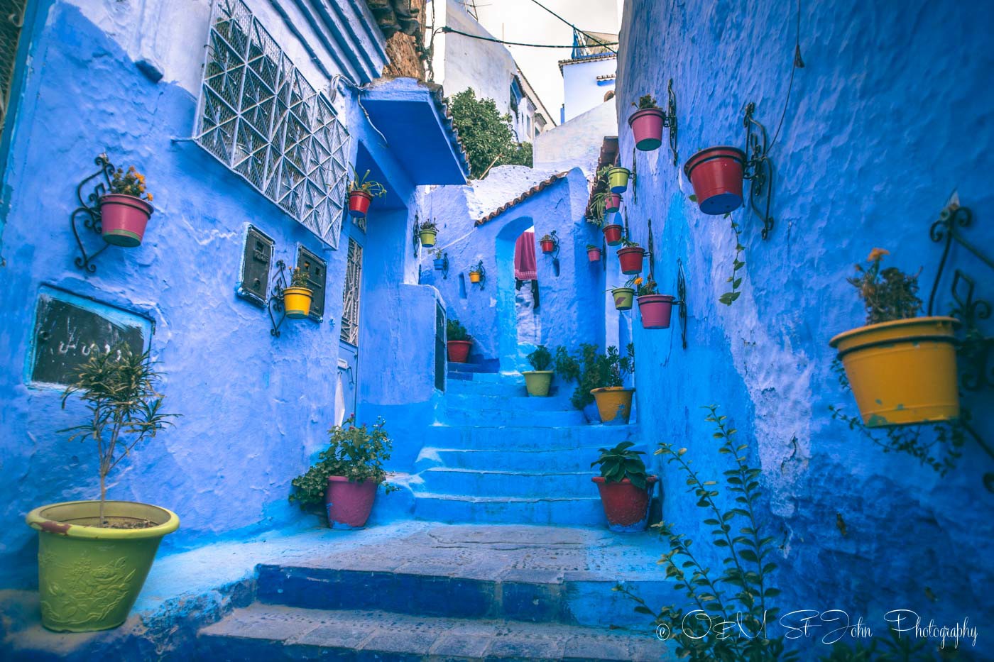 Vibrant alleyway in Chefchaouen, Morocco