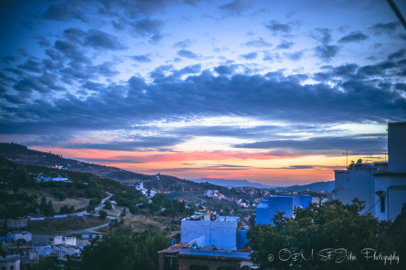 Sunset over the blue city of Chefchaouen. Morocco
