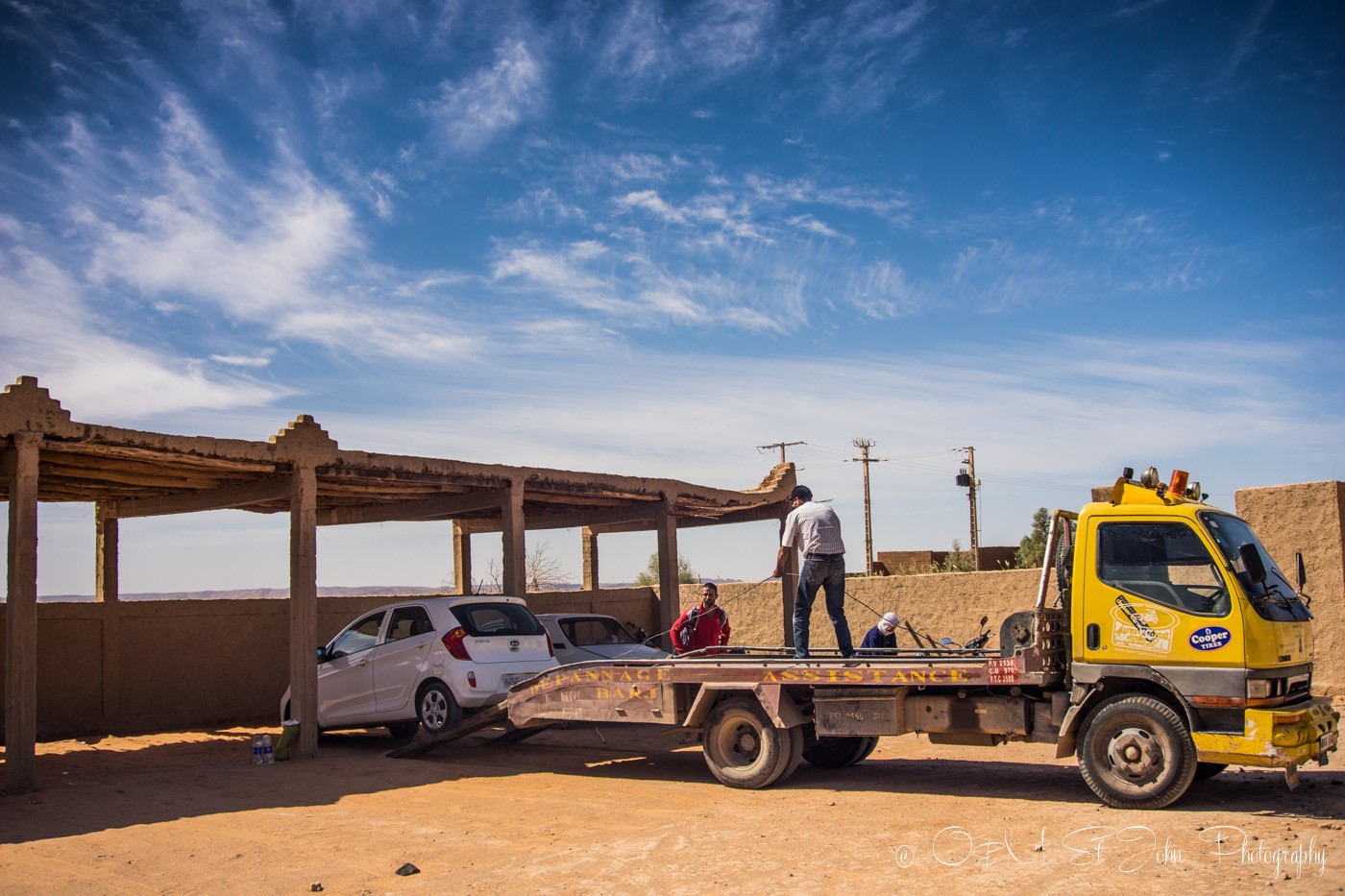 Car being towed from hotel in Merzourga, Sahara Desert. Morocco