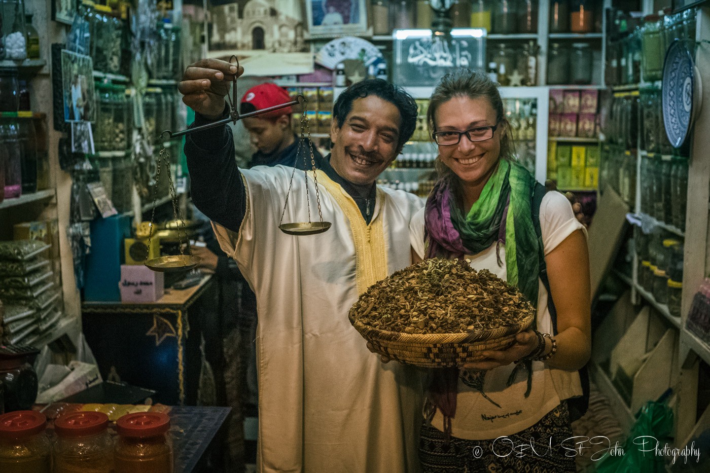 Oksana with tea producer in Marrakech. Morocco
