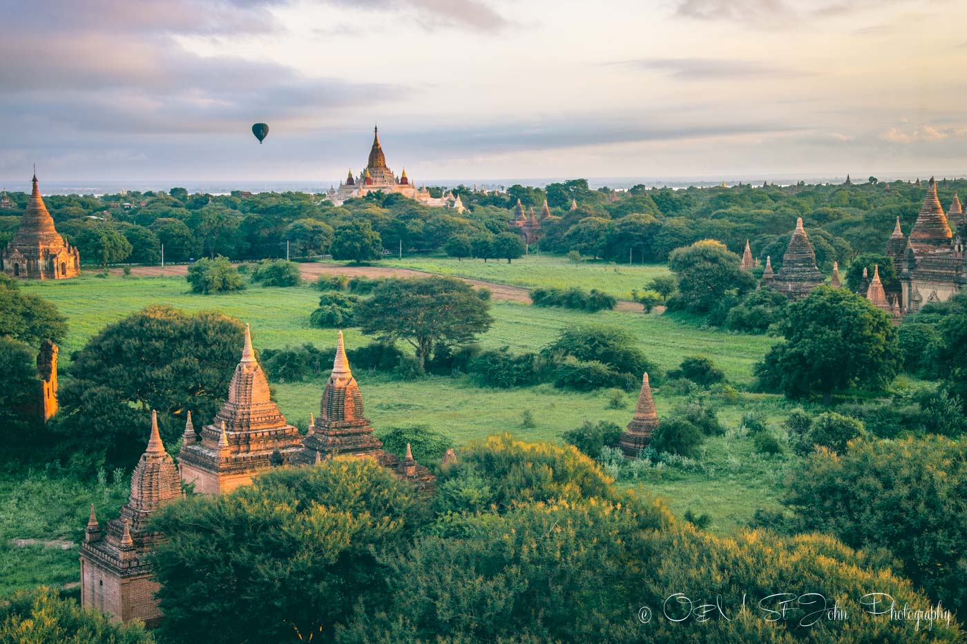 Myanmar travel: Hot air balloon flies over Bagan. Myanmar