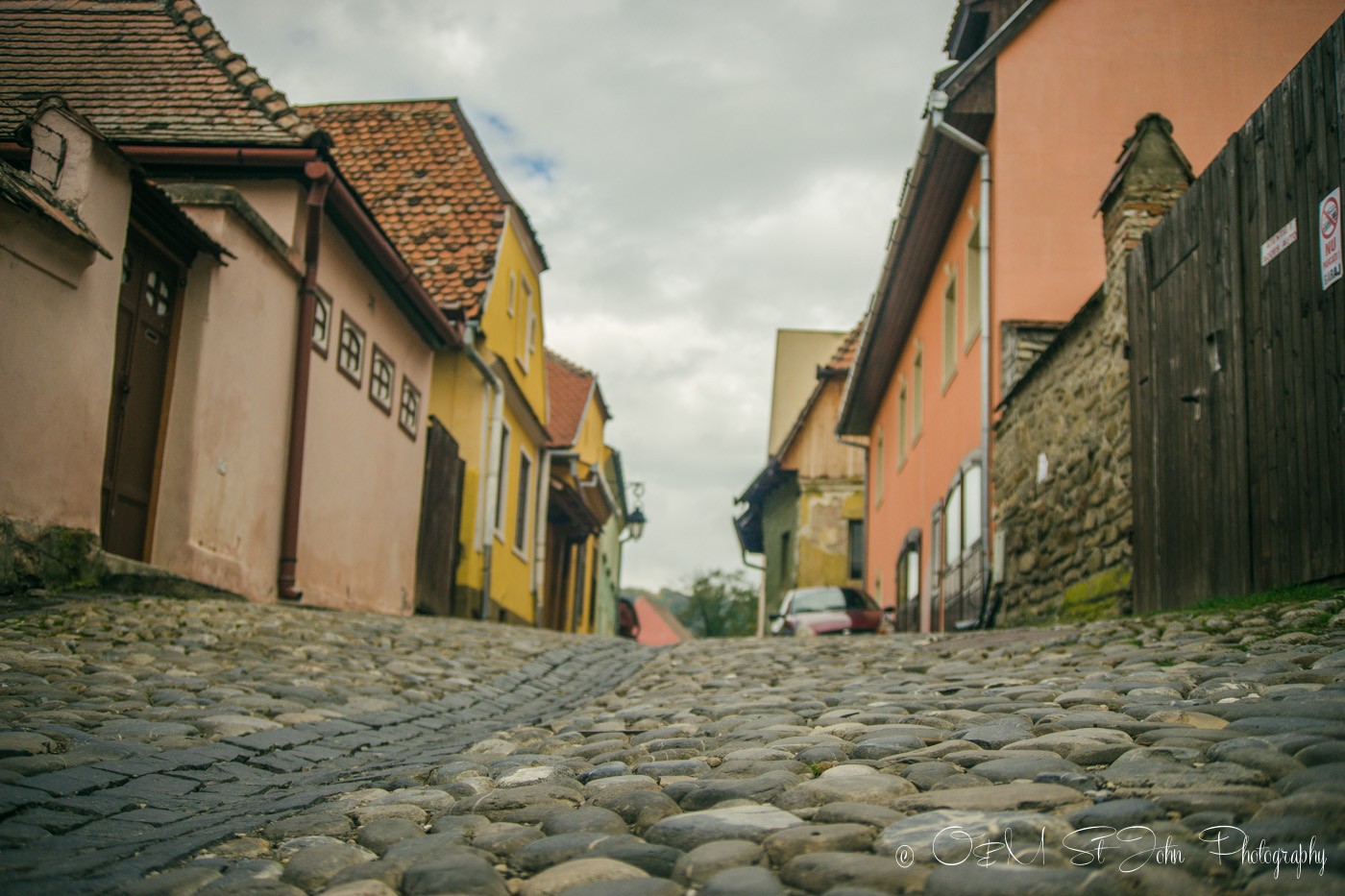 Cobblestone street in Sighisoara, Romania