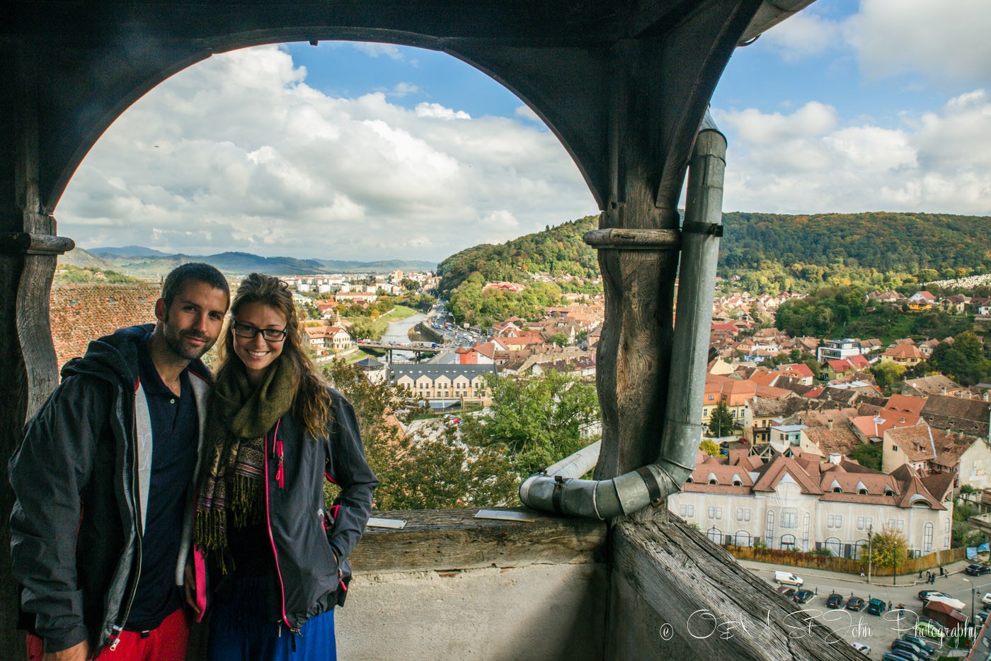 Max & Oksana at the top of Clock Tower in Sighisoara, romania road trip