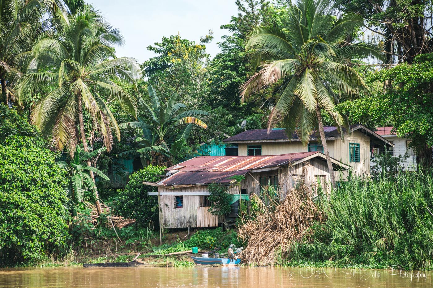 Village on the banks of Kinabatangan River. Sabah. Malaysian Borneo