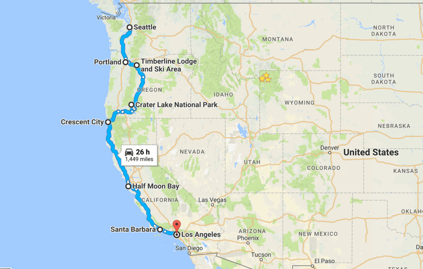 usa west coast road trip map