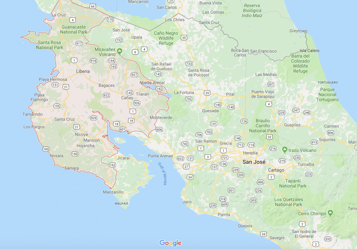 Map of Guanacaste, Costa Rica