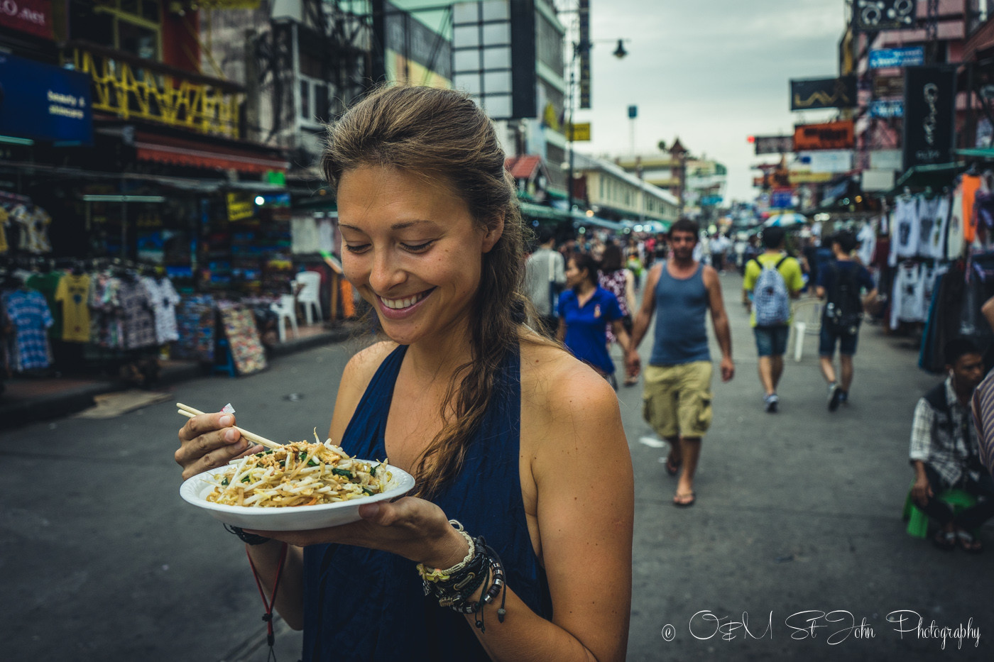 Enjoying a pad thai on Khao San Road in Bangkok. Thailand