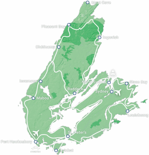 Map of Cabot Trail, Nova Scotia via Cape Breton Tourism